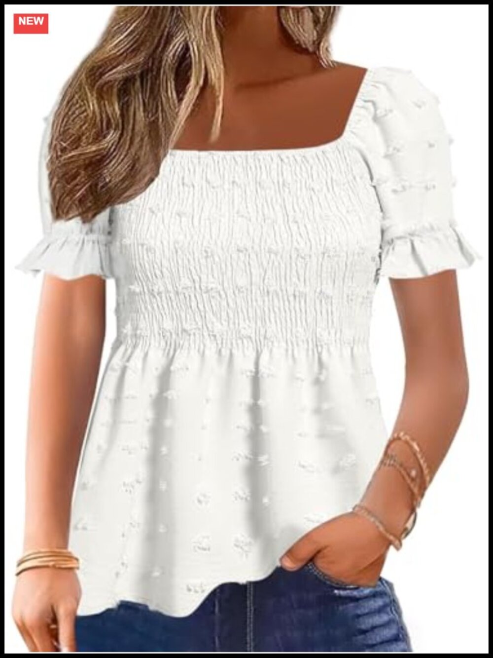 Women's Square Neck Smocked Peplum Top Puff Short Sleeve Babydoll Shirred Swiss